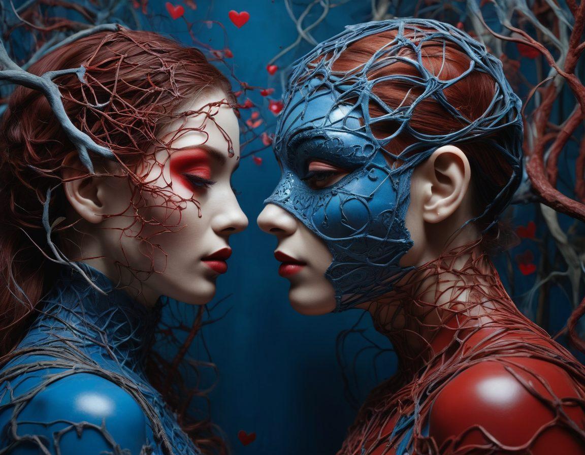 A beautifully tangled web of hearts and masks, depicting the complexity of love and trust. In the foreground, a couple gently faces each other, their expressions revealing both vulnerability and strength. Surrounding them are intricate patterns of intertwined vines and shadows symbolizing deception and honesty. The color palette should blend warm reds and cool blues to contrast feelings of love and betrayal. surrealistic. vibrant colors. 3D.