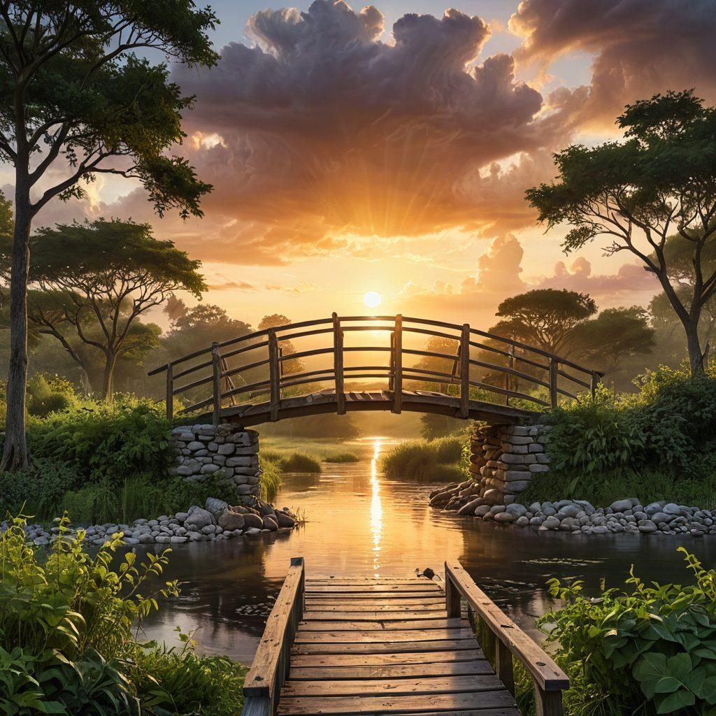 A serene landscape depicting a sturdy bridge symbolizing connection, with pairs of diverse individuals crossing it, representing rebuilding trust. In the background, a sun rises over a chaotic storm to imply overcoming challenges, while lush greenery around symbolizes growth and warmth in relationships. soft, pastel colors. super-realistic.